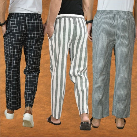 COMBO OF 3 MEN STRIPE COTTON HANDLOOM PANT GRAY GRAY AND BLACK-15415