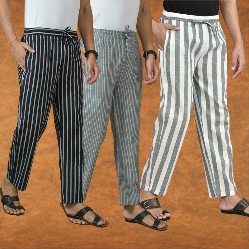 COMBO OF 3 MEN STRIPE COTTON HANDLOOM PANT GRAY GRAY AND BLACK-15436