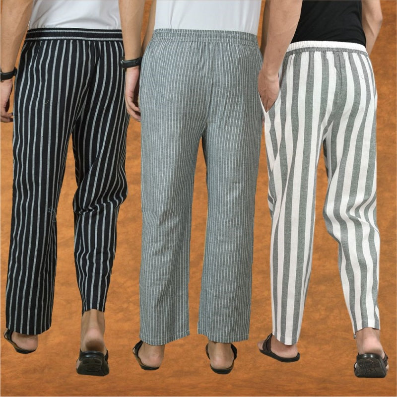 COMBO OF 3 MEN STRIPE COTTON HANDLOOM PANT GRAY GRAY AND BLACK-15436