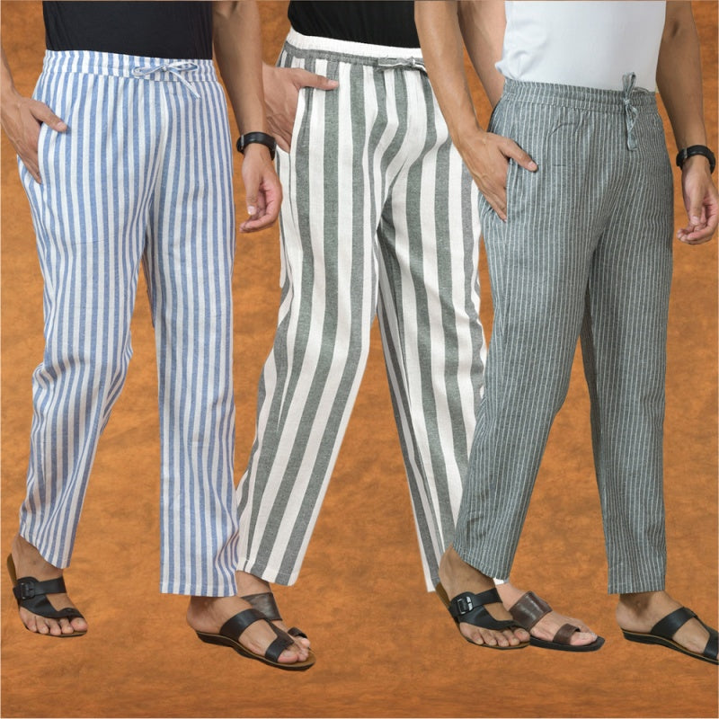 COMBO OF 3 MEN STRIPE COTTON HANDLOOM PANT GRAY GRAY AND BLUE-15251