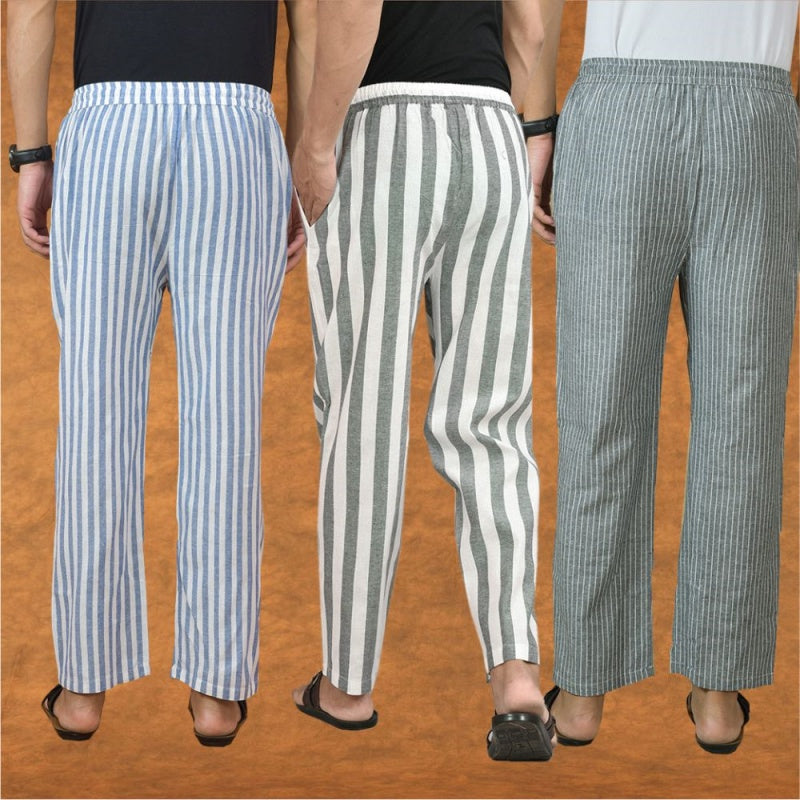 COMBO OF 3 MEN STRIPE COTTON HANDLOOM PANT GRAY GRAY AND BLUE-15251