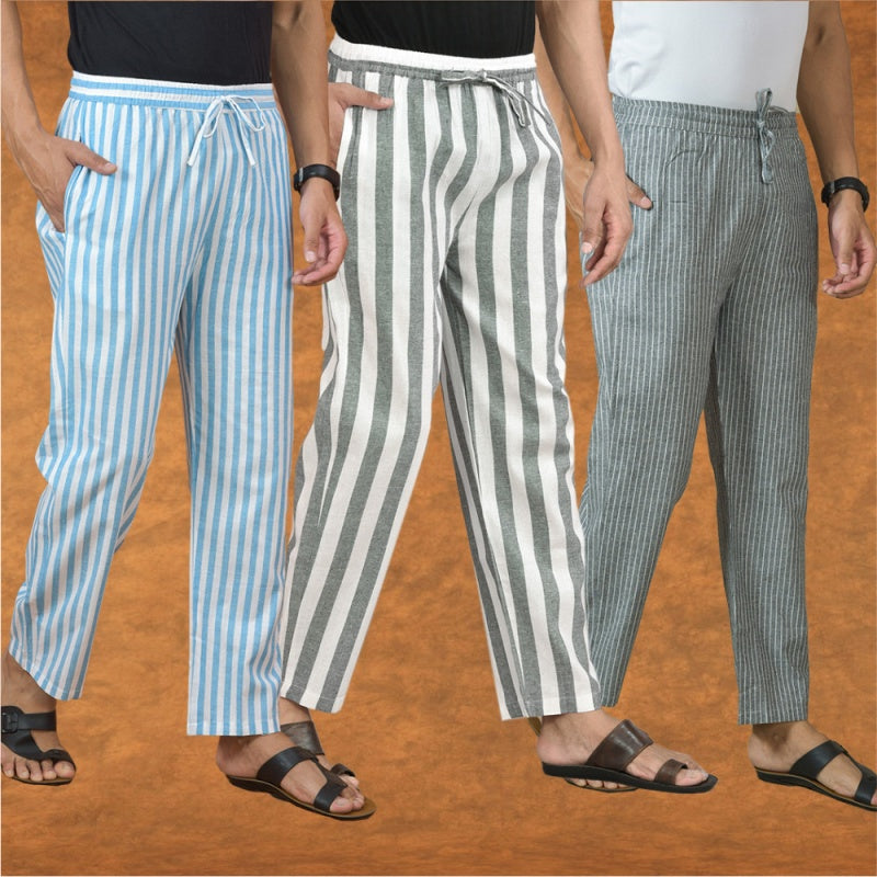 COMBO OF 3 MEN STRIPE COTTON HANDLOOM PANT GRAY GRAY AND SKY BLUE-15184