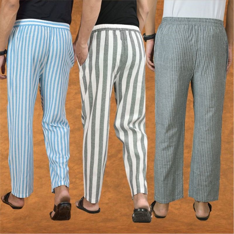 COMBO OF 3 MEN STRIPE COTTON HANDLOOM PANT GRAY GRAY AND SKY BLUE-15184