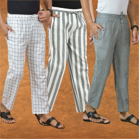 COMBO OF 3 MEN STRIPE COTTON HANDLOOM PANT GRAY GRAY AND WHITE-15306