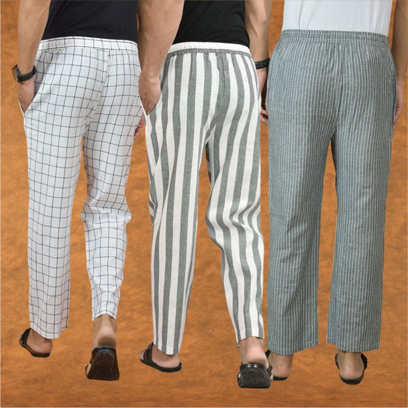 COMBO OF 3 MEN STRIPE COTTON HANDLOOM PANT GRAY GRAY AND WHITE-15306
