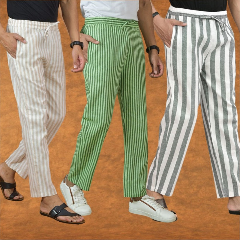 COMBO OF 3 MEN STRIPE COTTON HANDLOOM PANT GRAY OLIVE GREEN AND BEIGE-15330