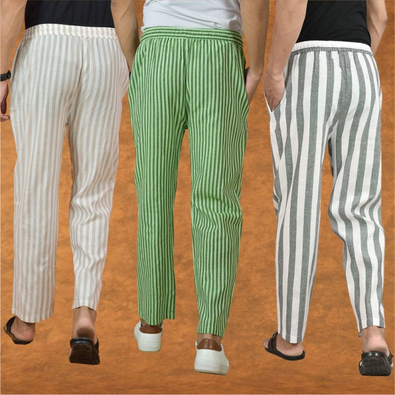 COMBO OF 3 MEN STRIPE COTTON HANDLOOM PANT GRAY OLIVE GREEN AND BEIGE-15330