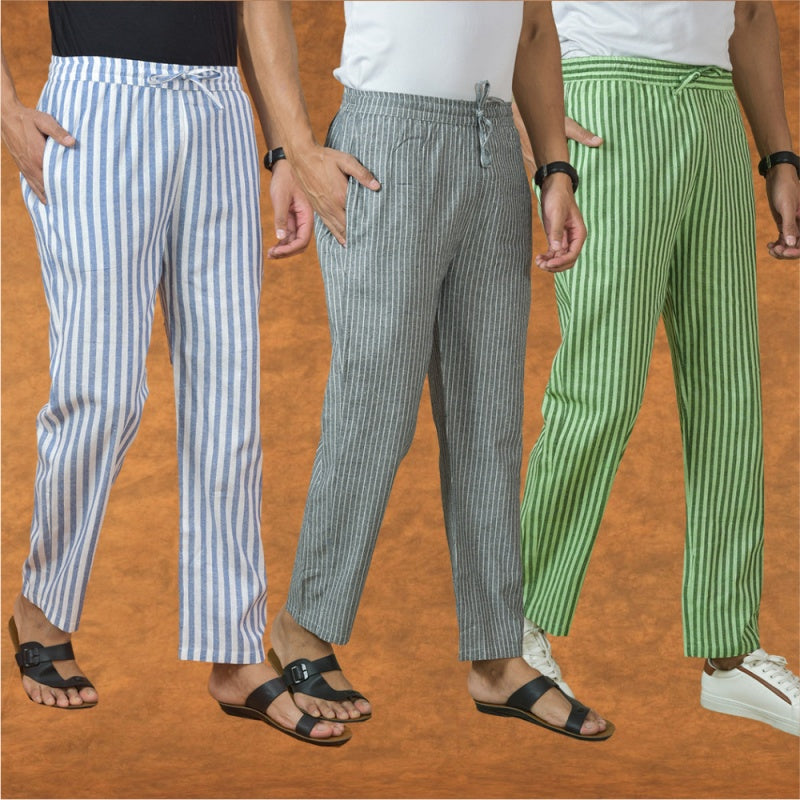 COMBO OF 3 MEN STRIPE COTTON HANDLOOM PANT GRAY OLIVE GREEN AND BLUE-15244