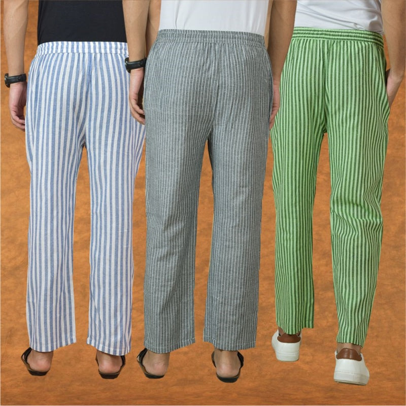 COMBO OF 3 MEN STRIPE COTTON HANDLOOM PANT GRAY OLIVE GREEN AND BLUE-15244