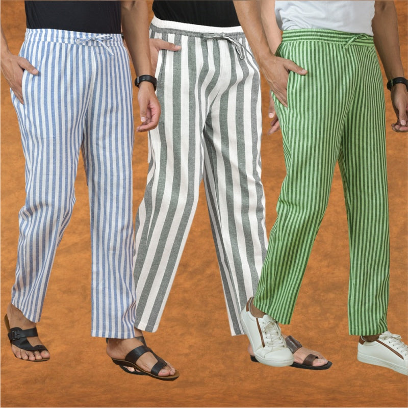 COMBO OF 3 MEN STRIPE COTTON HANDLOOM PANT GRAY OLIVE GREEN AND BLUE-15230