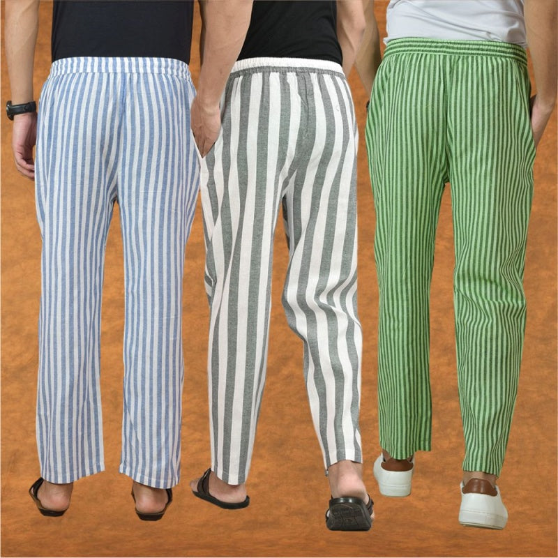 COMBO OF 3 MEN STRIPE COTTON HANDLOOM PANT GRAY OLIVE GREEN AND BLUE-15230