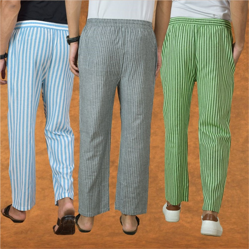 COMBO OF 3 MEN STRIPE COTTON HANDLOOM PANT GRAY OLIVE GREEN AND SKY BLUE-15157