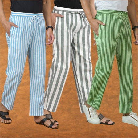 COMBO OF 3 MEN STRIPE COTTON HANDLOOM PANT GRAY OLIVE GREEN AND SKY BLUE-15163