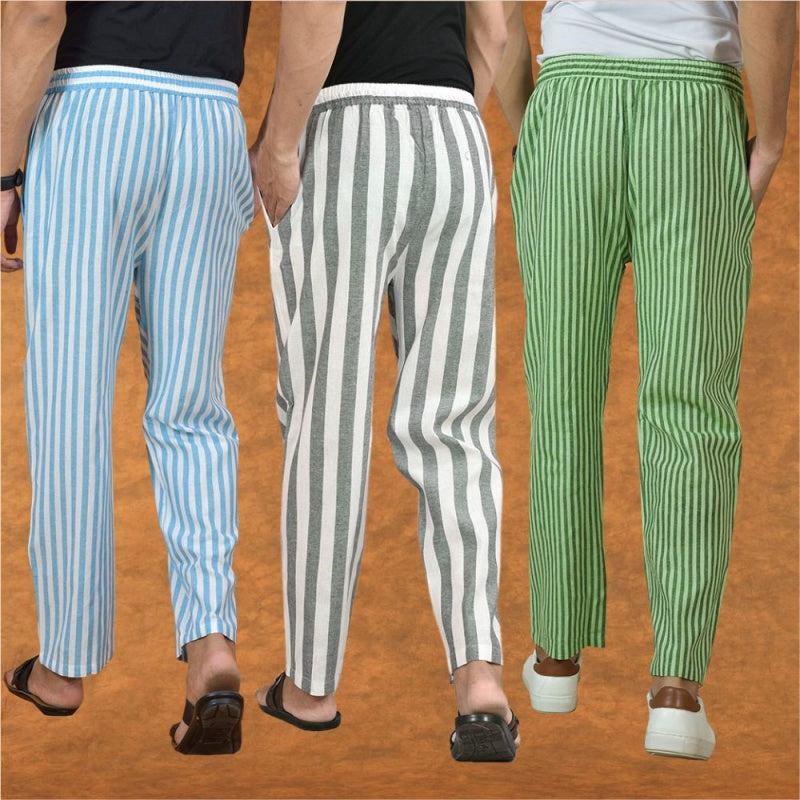 COMBO OF 3 MEN STRIPE COTTON HANDLOOM PANT GRAY OLIVE GREEN AND SKY BLUE-15163
