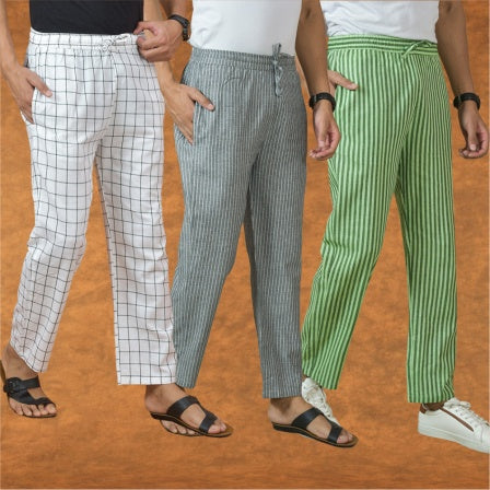 COMBO OF 3 MEN STRIPE COTTON HANDLOOM PANT GRAY OLIVE GREEN AND WHITE-15279