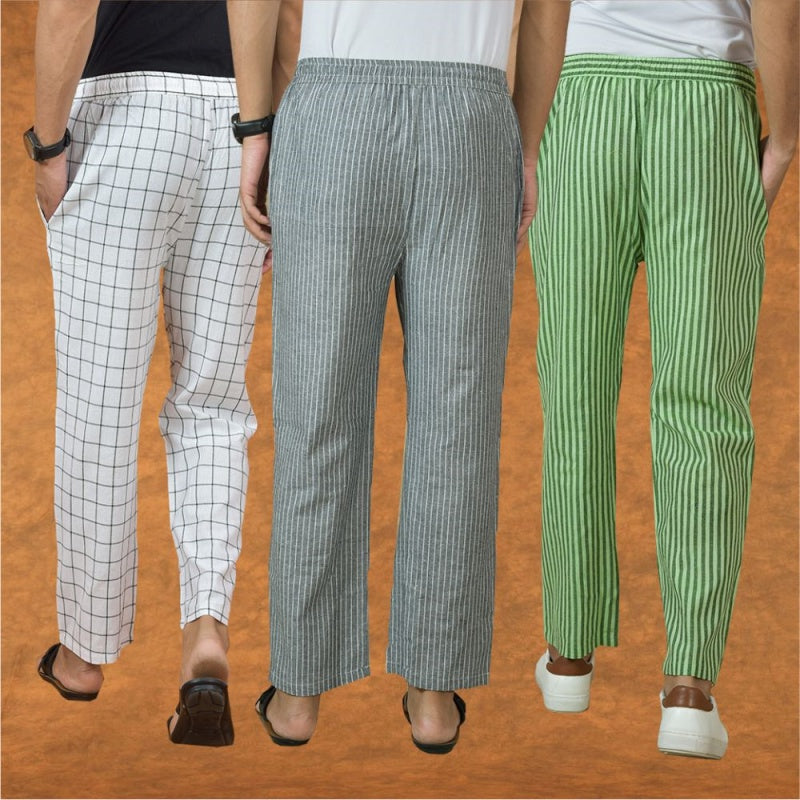 COMBO OF 3 MEN STRIPE COTTON HANDLOOM PANT GRAY OLIVE GREEN AND WHITE-15279