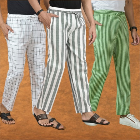 COMBO OF 3 MEN STRIPE COTTON HANDLOOM PANT GRAY OLIVE GREEN AND WHITE-15285