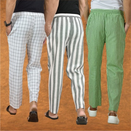 COMBO OF 3 MEN STRIPE COTTON HANDLOOM PANT GRAY OLIVE GREEN AND WHITE-15285