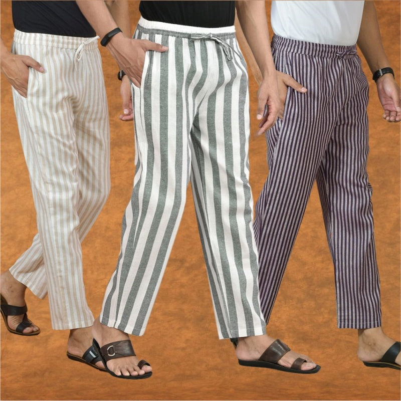 COMBO OF 3 MEN STRIPE COTTON HANDLOOM PANT GRAY PURPLE AND BEIGE-15356