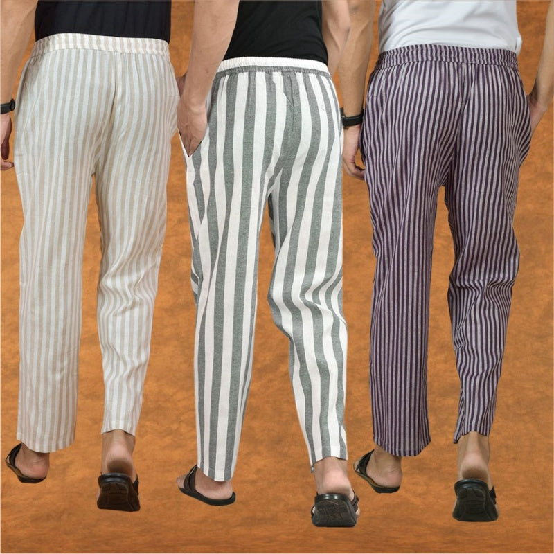 COMBO OF 3 MEN STRIPE COTTON HANDLOOM PANT GRAY PURPLE AND BEIGE-15356