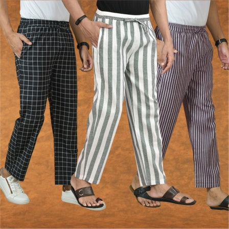 COMBO OF 3 MEN STRIPE COTTON HANDLOOM PANT GRAY PURPLE AND BLACK-15420