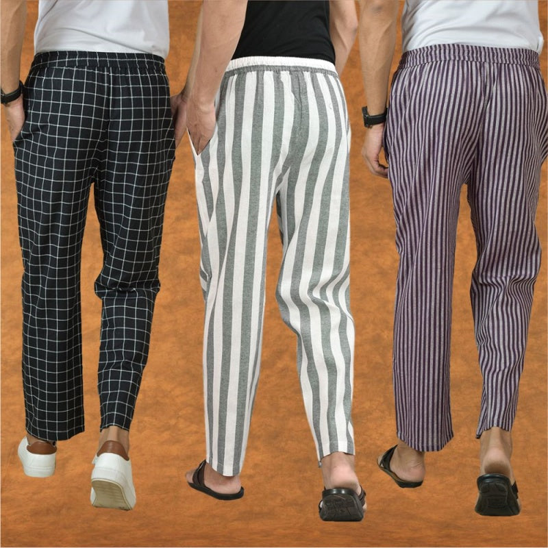 COMBO OF 3 MEN STRIPE COTTON HANDLOOM PANT GRAY PURPLE AND BLACK-15420