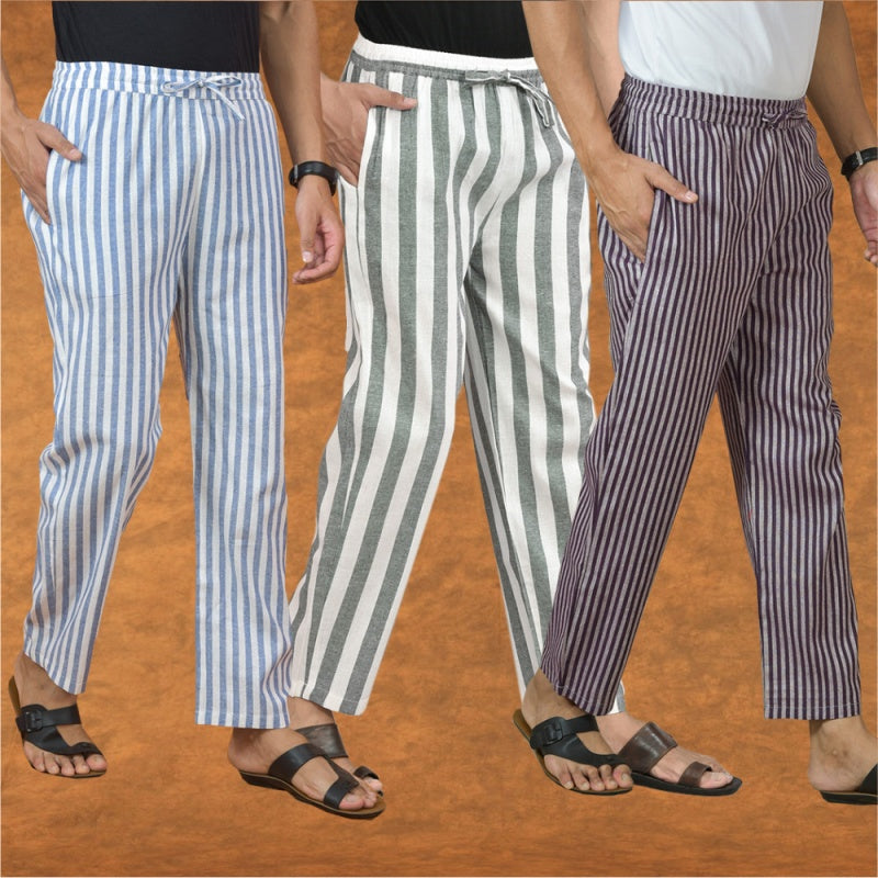 COMBO OF 3 MEN STRIPE COTTON HANDLOOM PANT GRAY PURPLE AND BLUE-15256