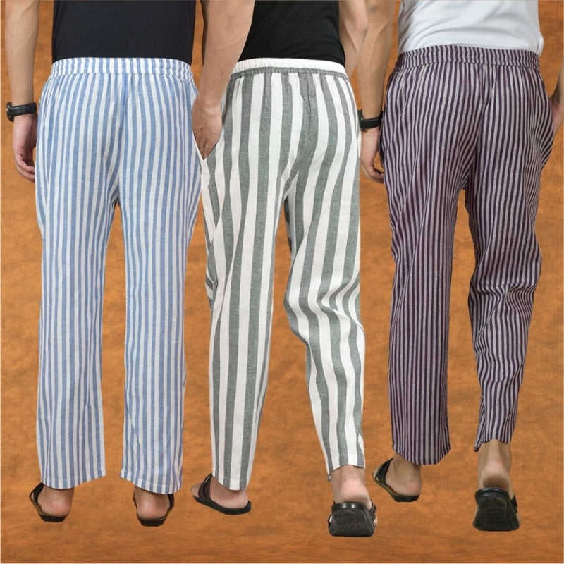COMBO OF 3 MEN STRIPE COTTON HANDLOOM PANT GRAY PURPLE AND BLUE-15256