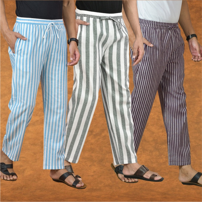 COMBO OF 3 MEN STRIPE COTTON HANDLOOM PANT GRAY PURPLE AND SKY BLUE-15189