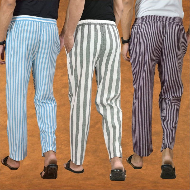 COMBO OF 3 MEN STRIPE COTTON HANDLOOM PANT GRAY PURPLE AND SKY BLUE-15189