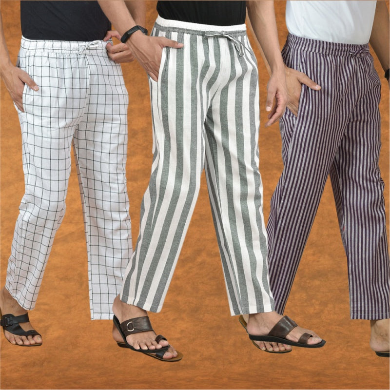 COMBO OF 3 MEN STRIPE COTTON HANDLOOM PANT GRAY PURPLE AND WHITE-15311