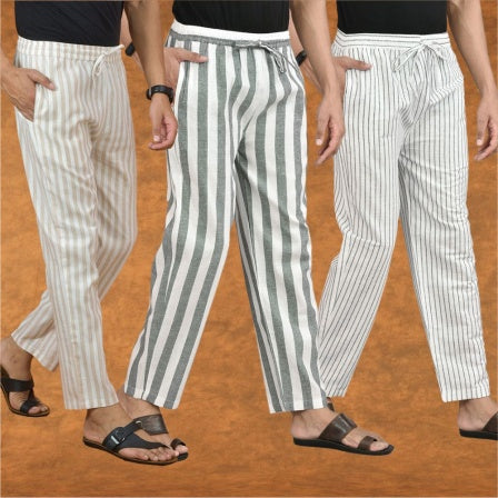 COMBO OF 3 MEN STRIPE COTTON HANDLOOM PANT GRAY WHITE AND BEIGE-15366