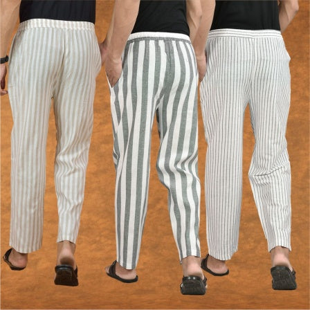 COMBO OF 3 MEN STRIPE COTTON HANDLOOM PANT GRAY WHITE AND BEIGE-15366
