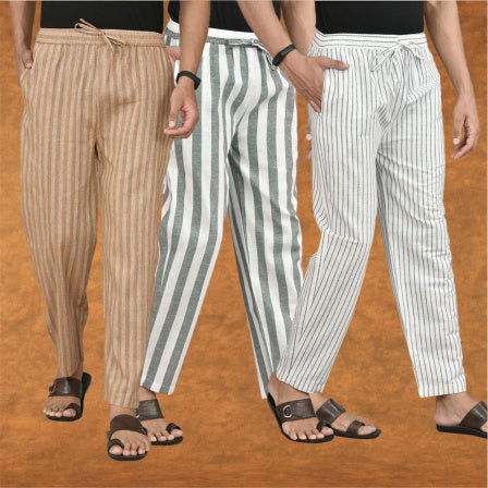 COMBO OF 3 MEN STRIPE COTTON HANDLOOM PANT GRAY WHITE AND BEIGE-15482