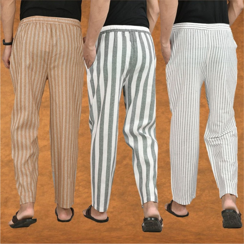 COMBO OF 3 MEN STRIPE COTTON HANDLOOM PANT GRAY WHITE AND BEIGE-15482
