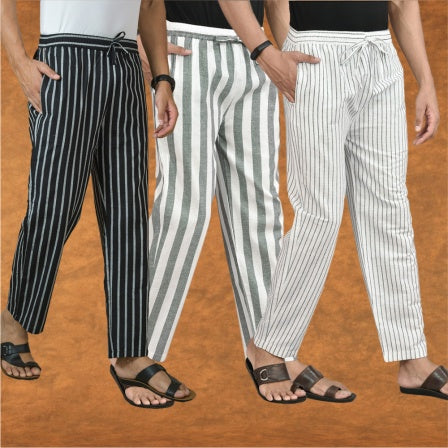 COMBO OF 3 MEN STRIPE COTTON HANDLOOM PANT GRAY WHITE AND BLACK-15451