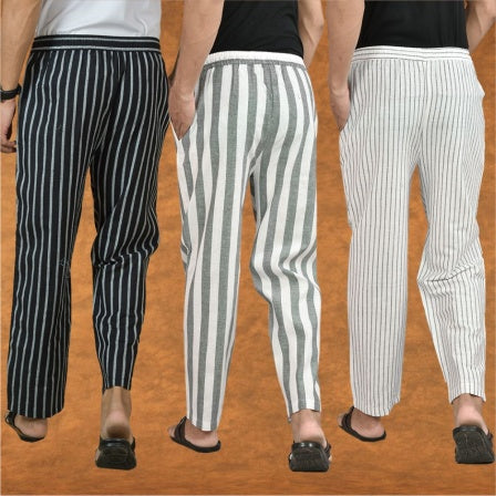 COMBO OF 3 MEN STRIPE COTTON HANDLOOM PANT GRAY WHITE AND BLACK-15451