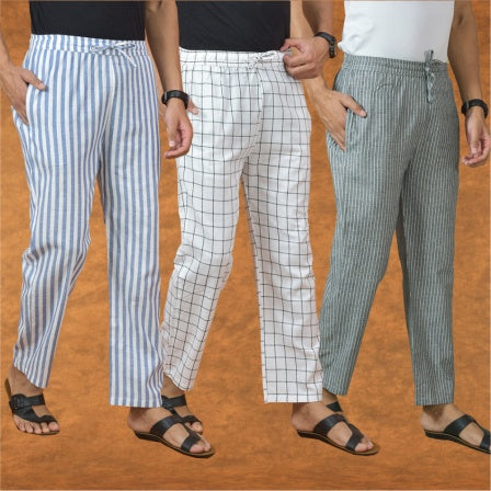 COMBO OF 3 MEN STRIPE COTTON HANDLOOM PANT GRAY WHITE AND BLUE-15204