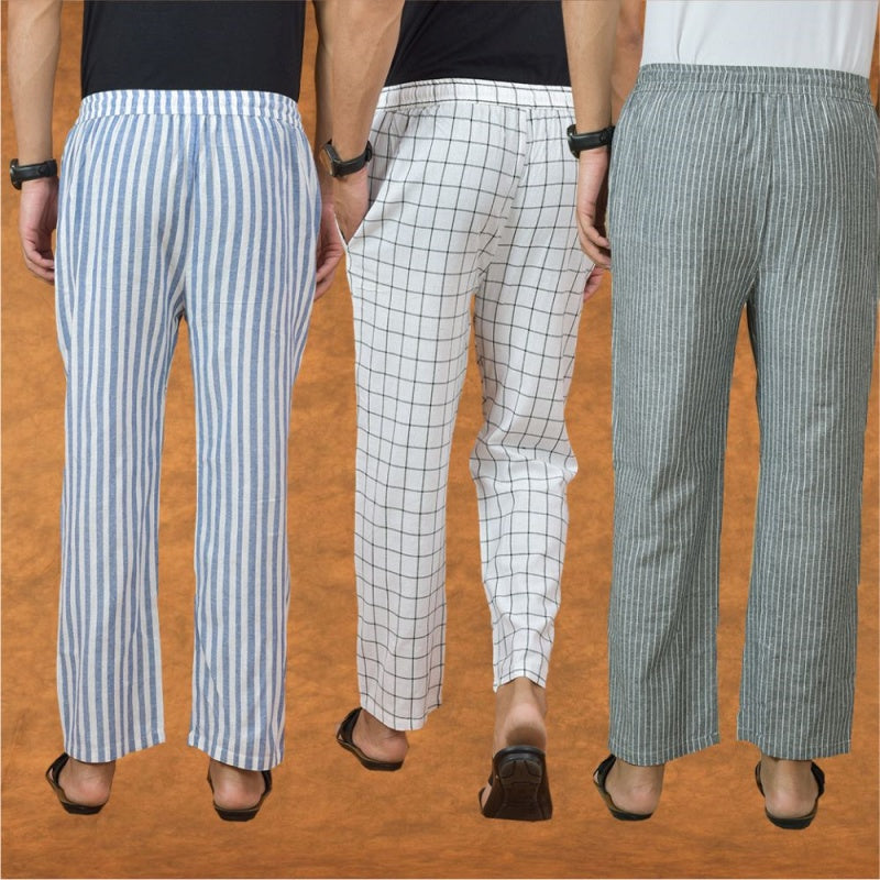 COMBO OF 3 MEN STRIPE COTTON HANDLOOM PANT GRAY WHITE AND BLUE-15204