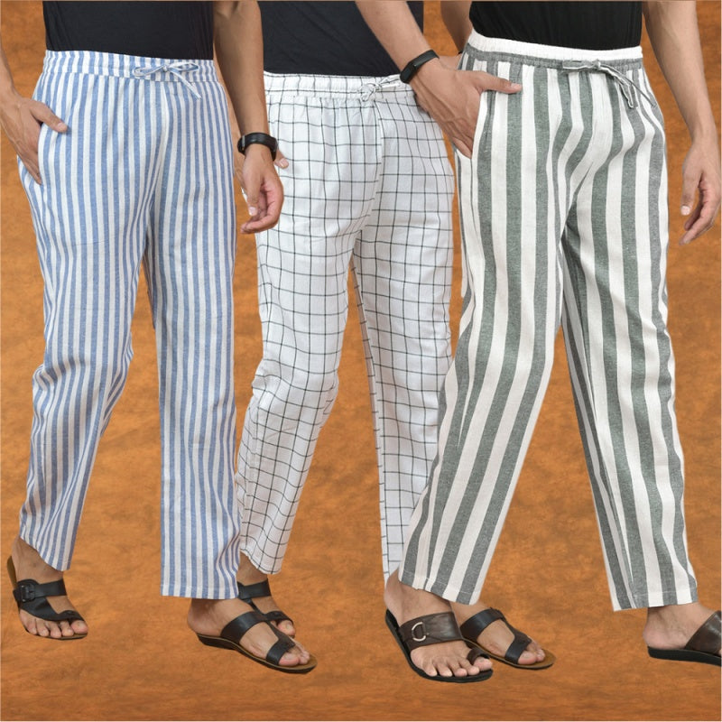 COMBO OF 3 MEN STRIPE COTTON HANDLOOM PANT GRAY WHITE AND BLUE-15211