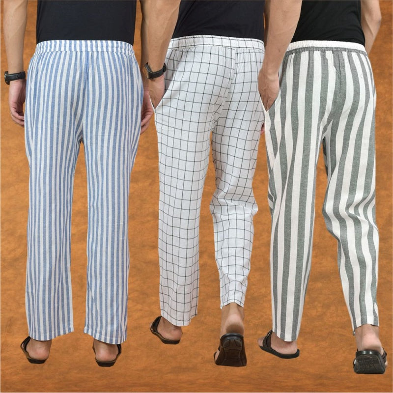 COMBO OF 3 MEN STRIPE COTTON HANDLOOM PANT GRAY WHITE AND BLUE-15211