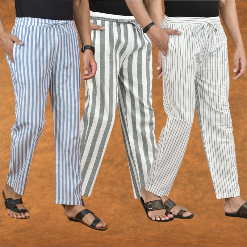 COMBO OF 3 MEN STRIPE COTTON HANDLOOM PANT GRAY WHITE AND BLUE-15266