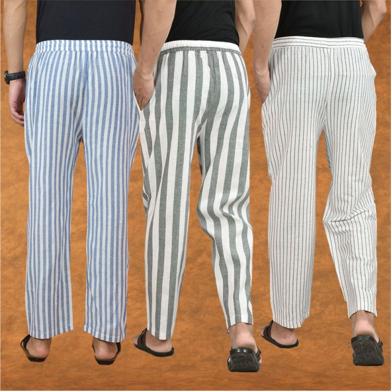 COMBO OF 3 MEN STRIPE COTTON HANDLOOM PANT GRAY WHITE AND BLUE-15266