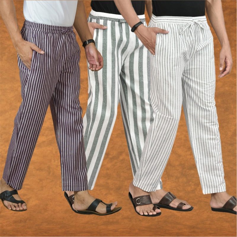 COMBO OF 3 MEN STRIPE COTTON HANDLOOM PANT GRAY WHITE AND PURPLE-15476