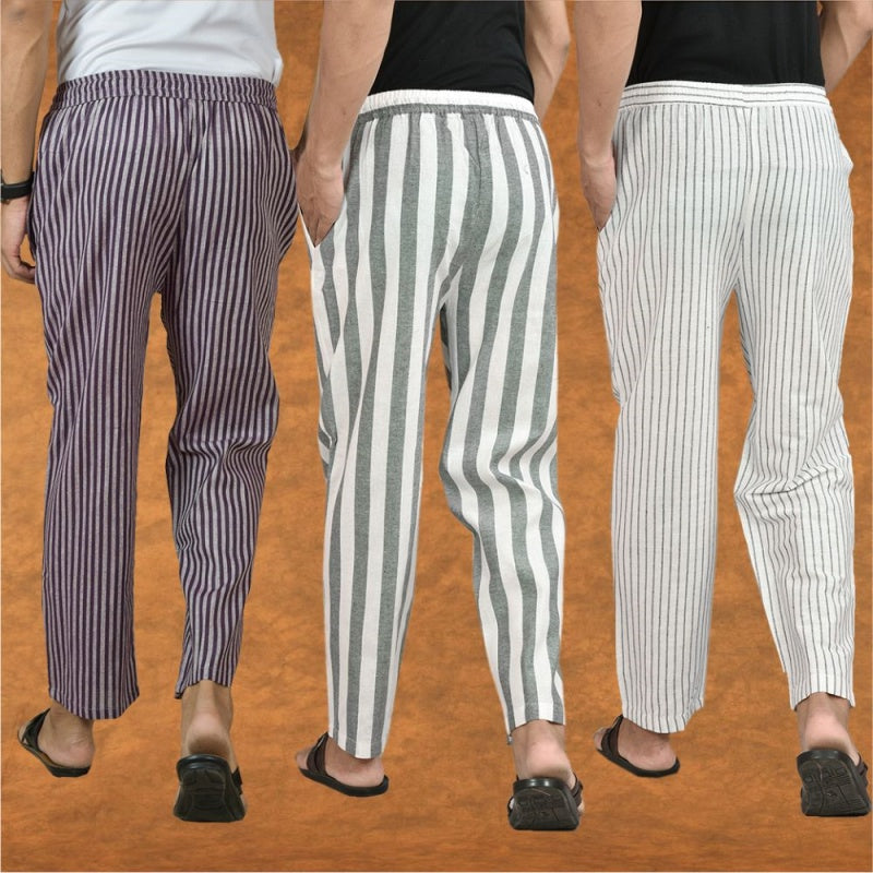 COMBO OF 3 MEN STRIPE COTTON HANDLOOM PANT GRAY WHITE AND PURPLE-15476