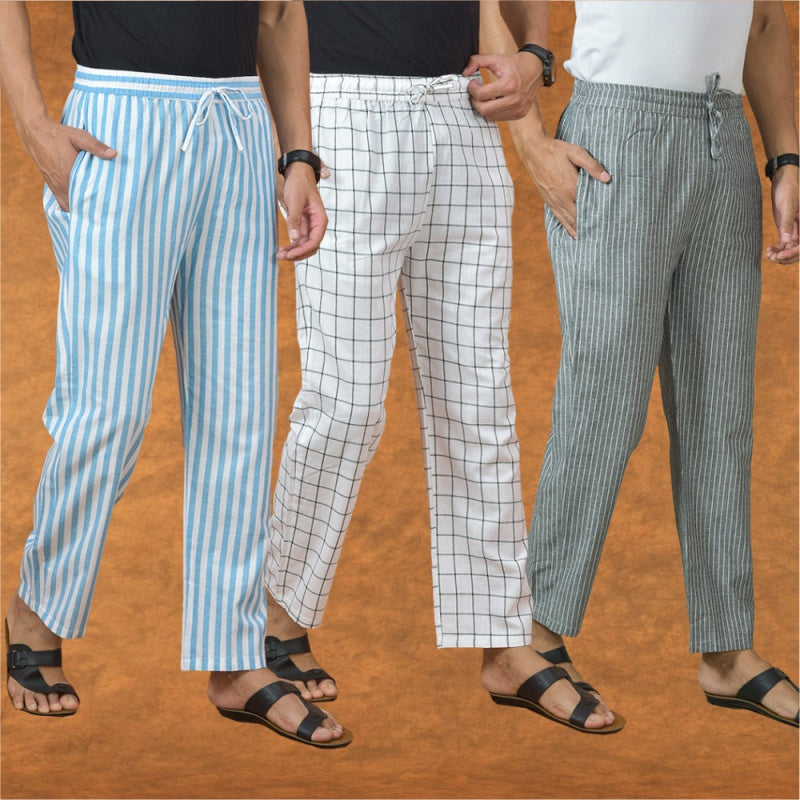 COMBO OF 3 MEN STRIPE COTTON HANDLOOM PANT GRAY WHITE AND SKY BLUE-15138
