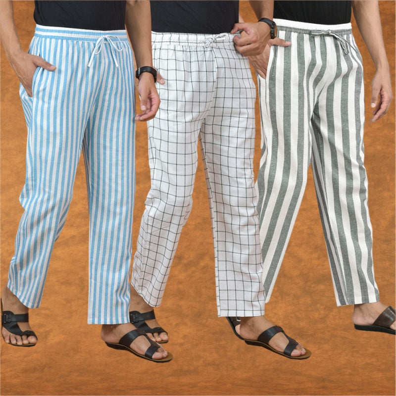COMBO OF 3 MEN STRIPE COTTON HANDLOOM PANT GRAY WHITE AND SKY BLUE-15144