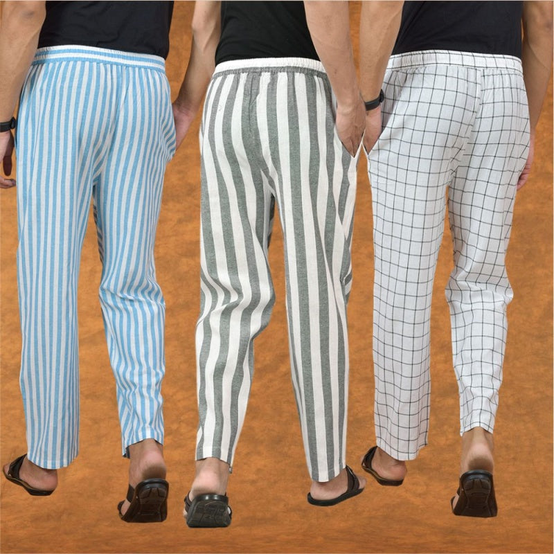 COMBO OF 3 MEN STRIPE COTTON HANDLOOM PANT GRAY WHITE AND SKY BLUE-15144