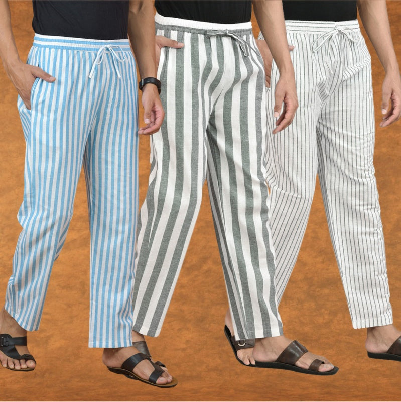 COMBO OF 3 MEN STRIPE COTTON HANDLOOM PANT GRAY WHITE AND SKY BLUE-15199