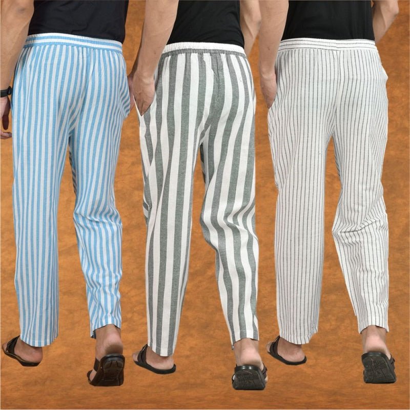 COMBO OF 3 MEN STRIPE COTTON HANDLOOM PANT GRAY WHITE AND SKY BLUE-15199